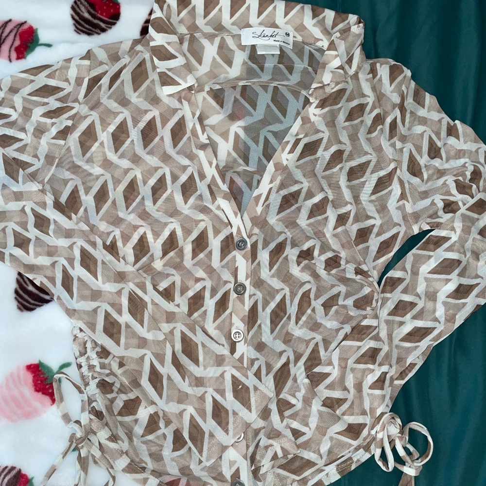 Tan and White Long Sleeve Wrap Button Down Shirt